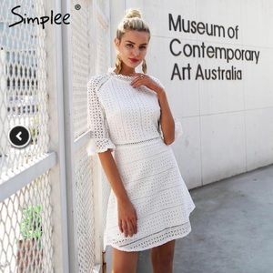 White 3/4 Sleeve Lace Eyelet Dress